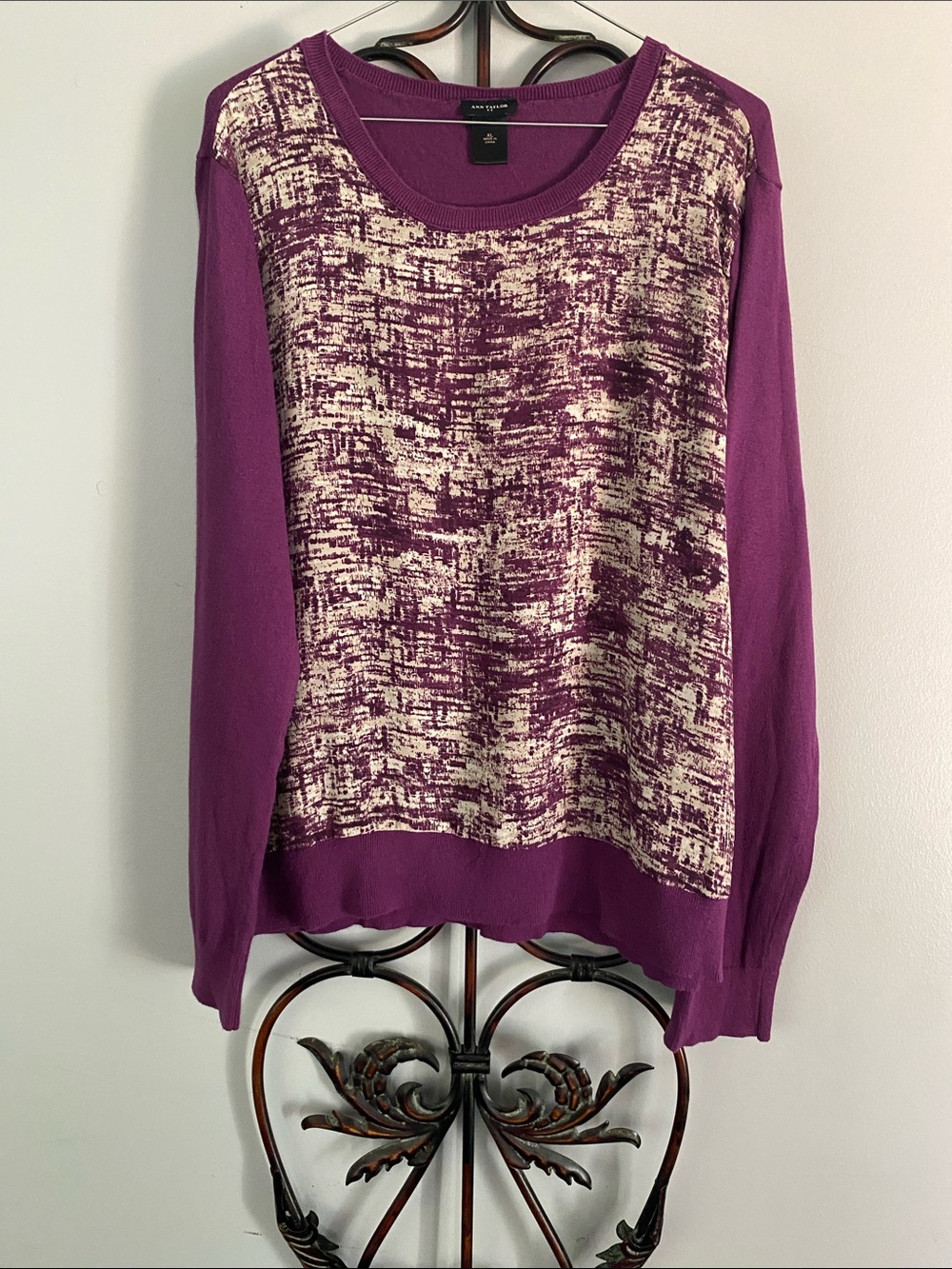 Ann Taylor Purple and Cream Textured Crewneck Sweater